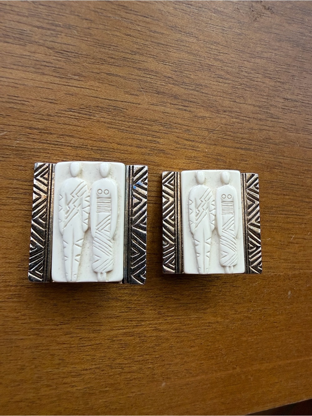 Laurel Burch 1980s “Tribal People” Cream and Gold-toned Sculpted Figure Earrings